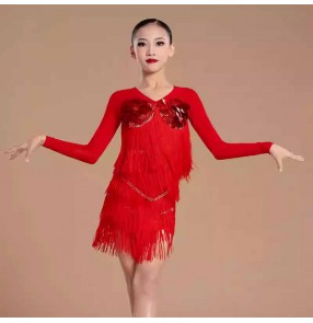 Red black sequins fringe latin dance dreses for girls kids children Xmas Party ballroom salsa rumba chacha performance costumes for kids